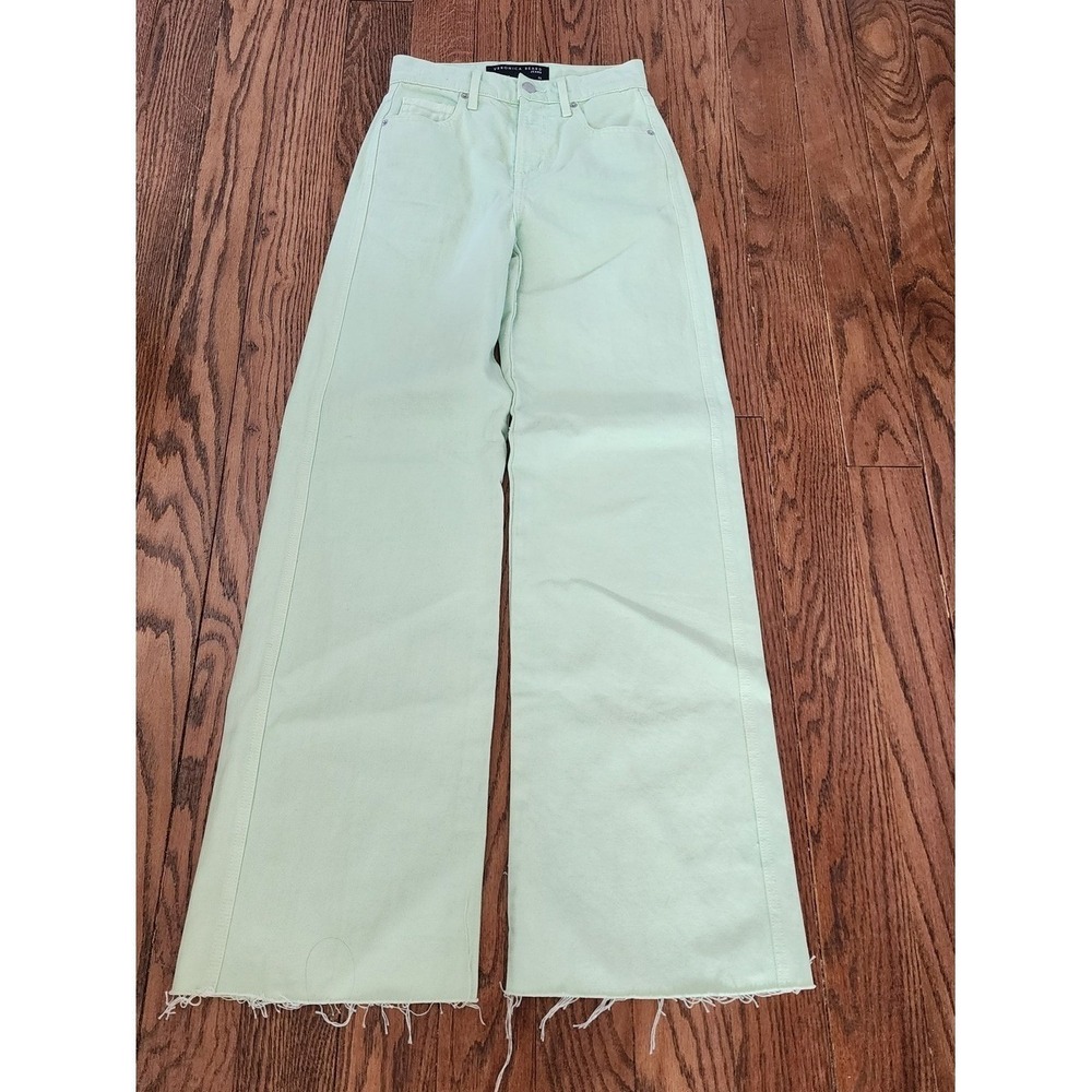 Veronica Beard Taylor Wide Leg Jeans Womens 23 Green Pistachio High Rise Raw Hem - Picture 2 of 14